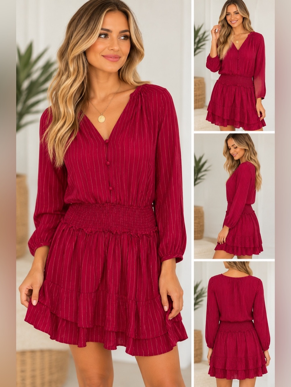 RAILS Jasmine Messina
Stripe Metallic LS Smocked
Waist Red Dress size XS